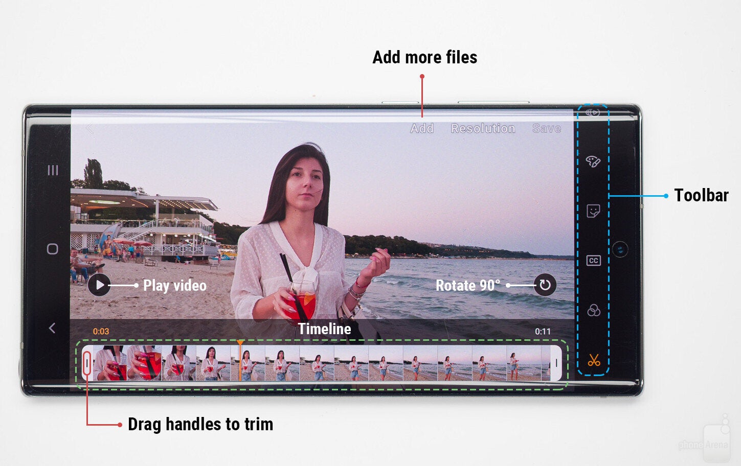 The Galaxy Note 10 video editor interface when editing a single video file - How to edit videos with the Samsung Galaxy Note 10 video editor