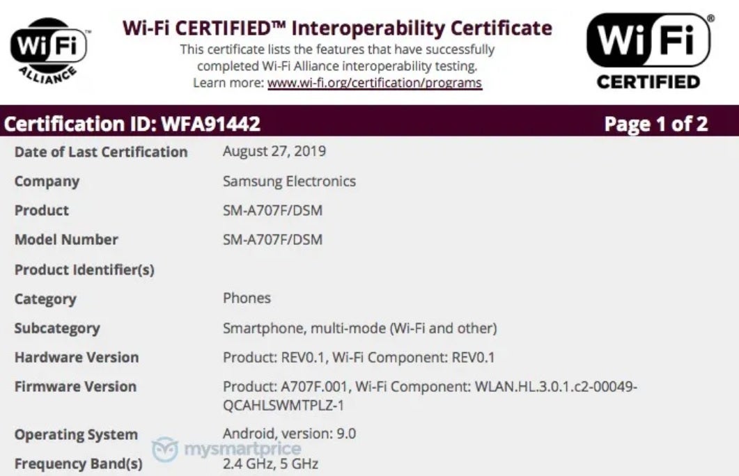 The Samsung Galaxy A70s has been certified by the Wi-Fi Alliance - Samsung's first phone equipped with a 64MP camera is a step closer to reality