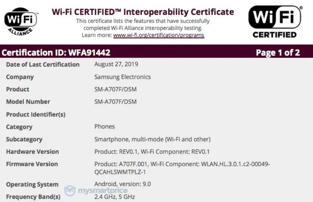 The Samsung Galaxy A70s has been certified by the Wi-Fi Alliance - Samsung&#039;s first phone equipped with a 64MP camera is a step closer to reality