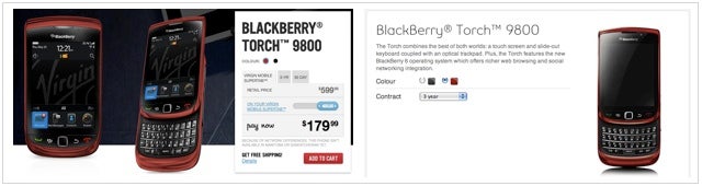 At both Bell (R) and Virgin Mobile (L), the BlackBerry Torch 9800 can be purchased in red - Bell and Virgin Mobile now offering BlackBerry Torch 9800 in red, north of the border