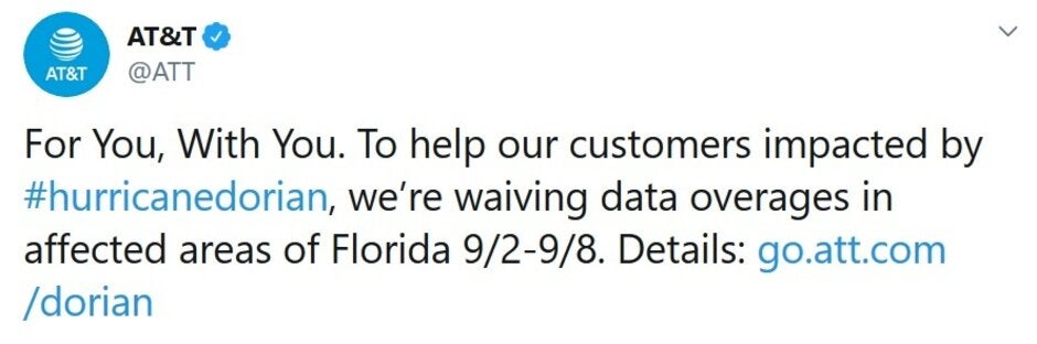 AT&amp;T disseminates a tweet to its customers affected by the storm - Are you in the path of Hurricane Dorian? Here's what the major carriers are doing for you