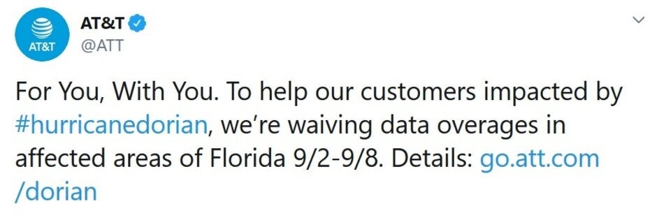 AT&amp;amp;T disseminates a tweet to its customers affected by the storm - Are you in the path of Hurricane Dorian? Here's what the major carriers are doing for you