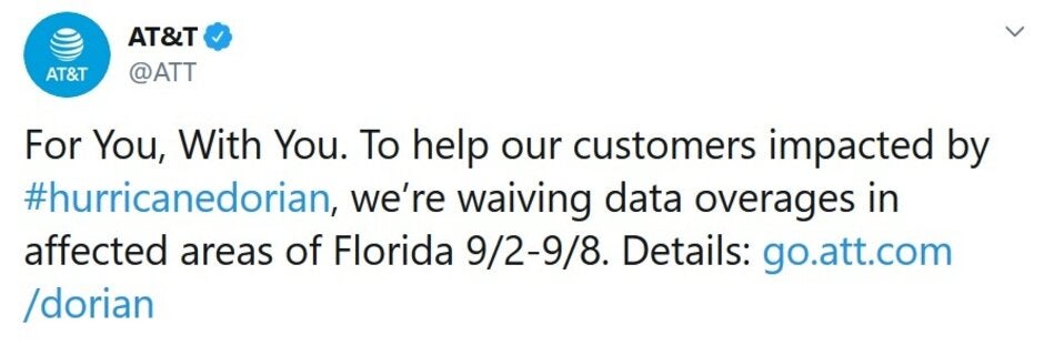 AT&T disseminates a tweet to its customers affected by the storm - Are you in the path of Hurricane Dorian? Here's what the major carriers are doing for you