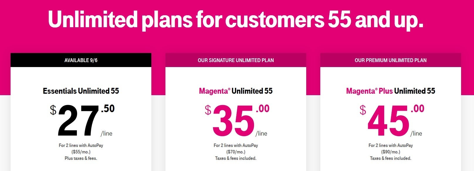 Starting tomorrow, T-Mobile will have three unlimited plans for those 55 and older - Boomers can get two unlimited lines for only $55/month from T-Mobile