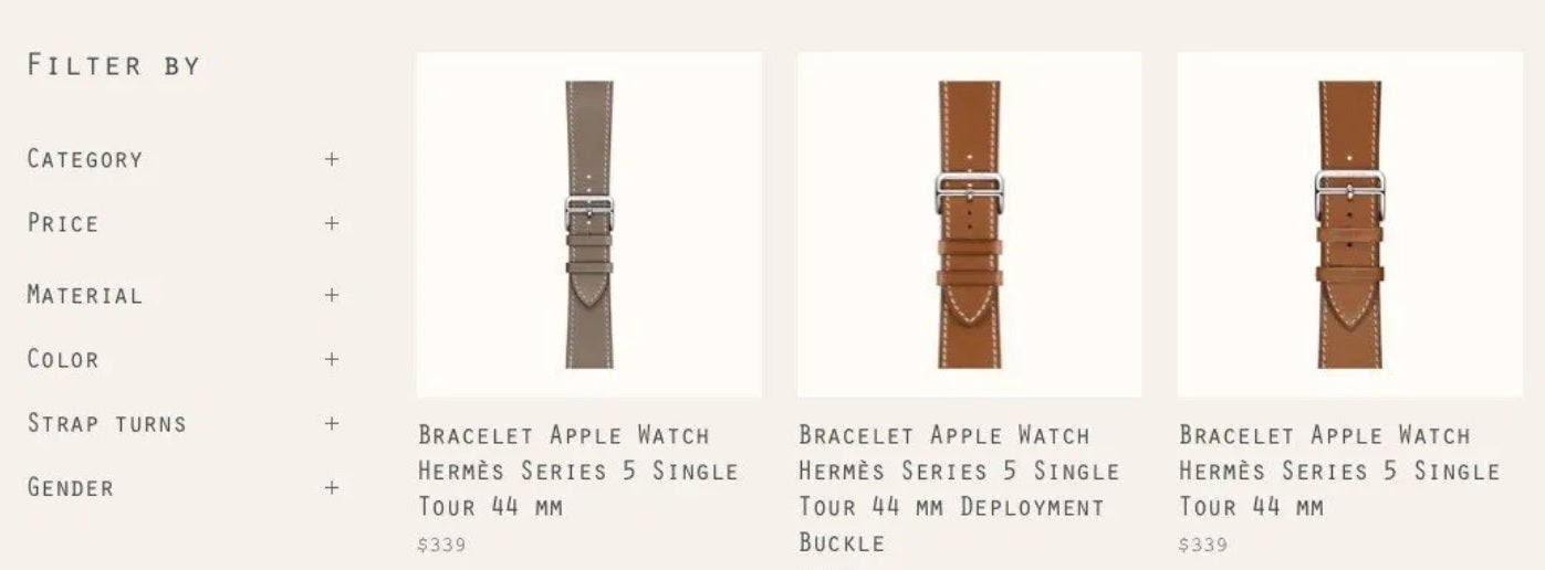 Images on the Hermes website show the results of a search for Series 5 watch bands - Apple partner accidentally tips off existence of Apple Watch Series 5