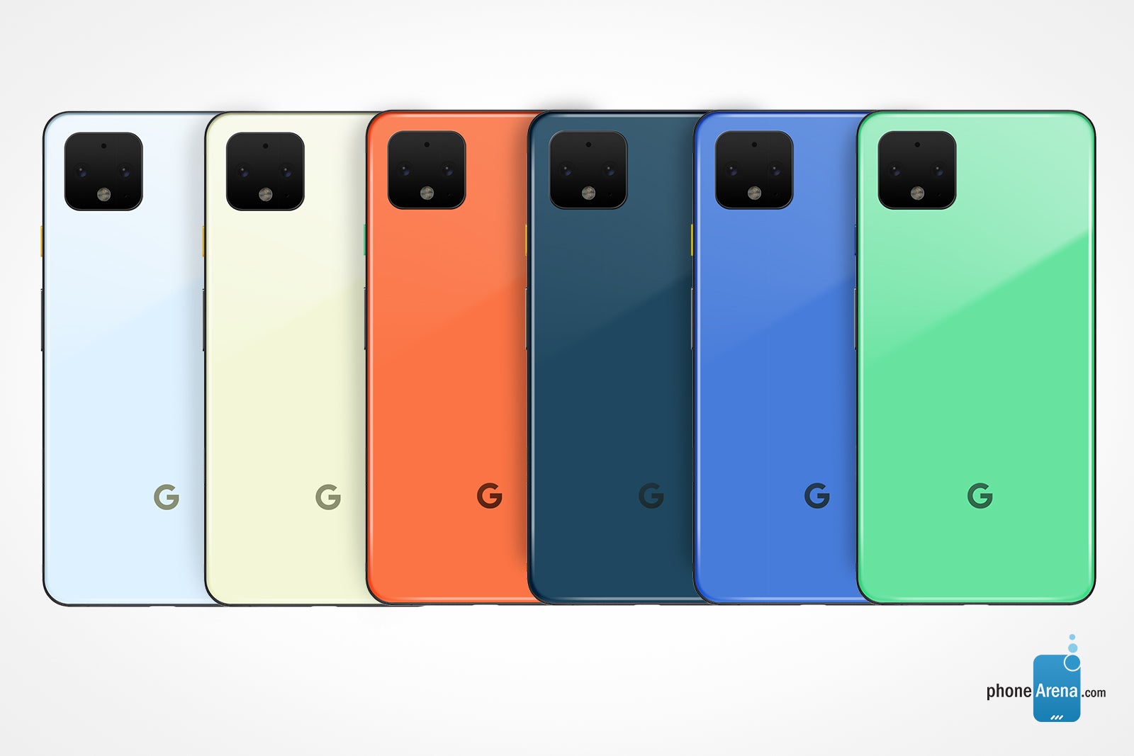 Google Pixel 4 design concepts in Androdid Green, Blue, Navy Blue, Orange, Chartreuse, and Pattens Blue - New Pixel 4 color options based on Android 10&#039;s refreshed palette envisioned in concept renders