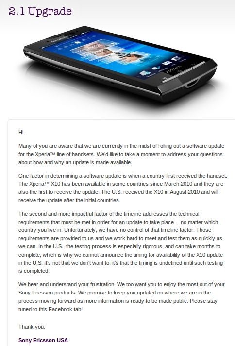 Sony Ericsson washes its hands of the Xperia X10 update delay, blames it on AT&T