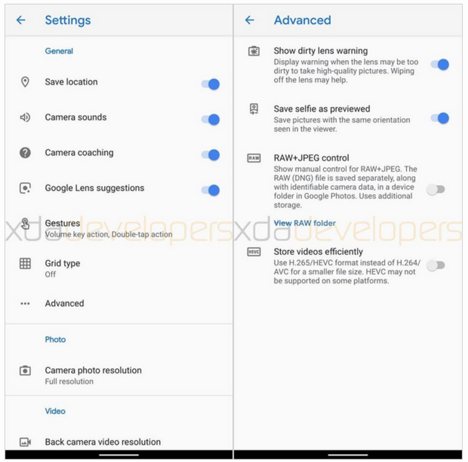 Settings and advanced settings menu for Google Camera 7.0 - Google Camera 7.0 app leaks revealing Night Sight setting to capture the stars