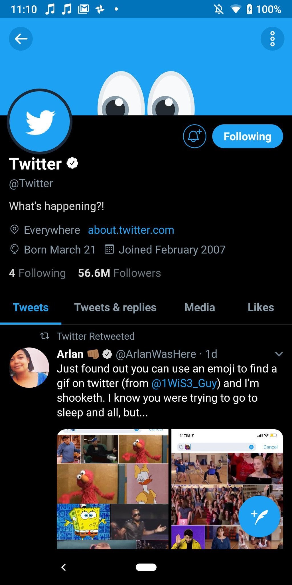 Screenshot shows current build of the Android version of Twitter's Lights Out - Twitter's darker Dark mode for Android is delayed