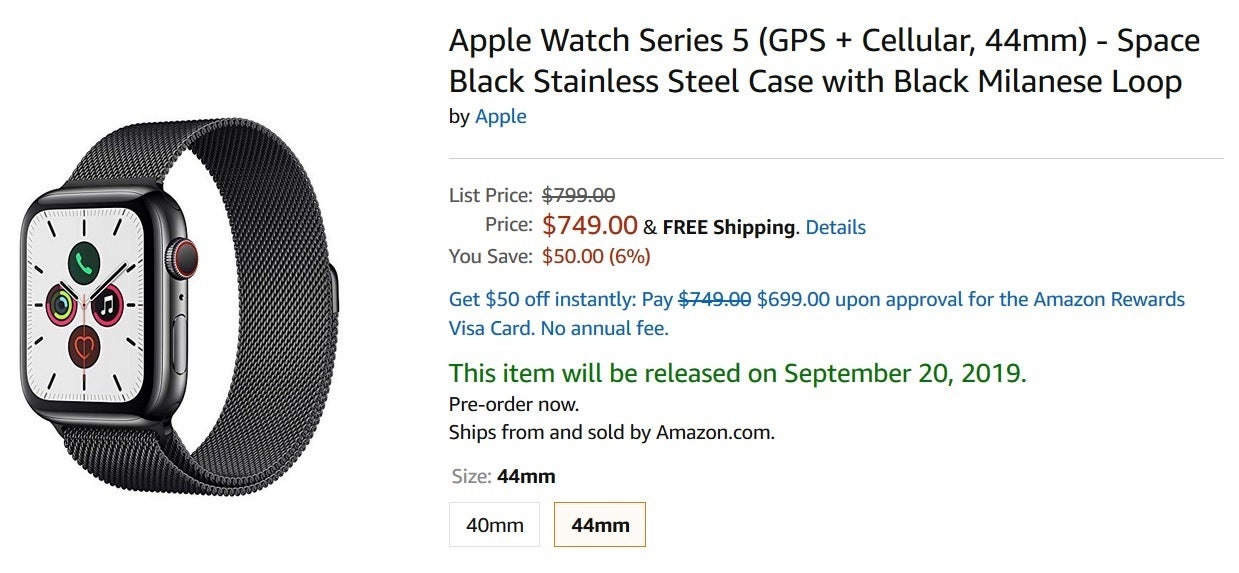 Save $50 on this version of the Apple Watch Series 5 from Amazon - Take $50 off select Apple Watch Series 5 GPS+ Cellular models at Amazon