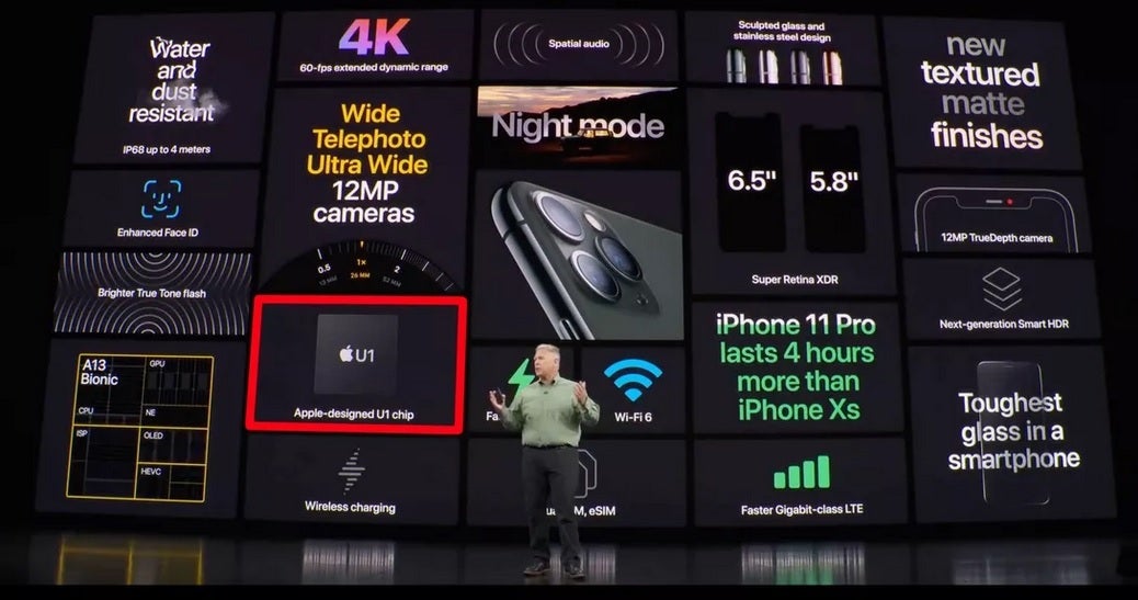 The U1 chip is briefly seen on a screen full of iPhone 11 Pro features shown during last week&#039;s new product event - Apple quietly adds ultra wideband technology to the 2019 iPhone models