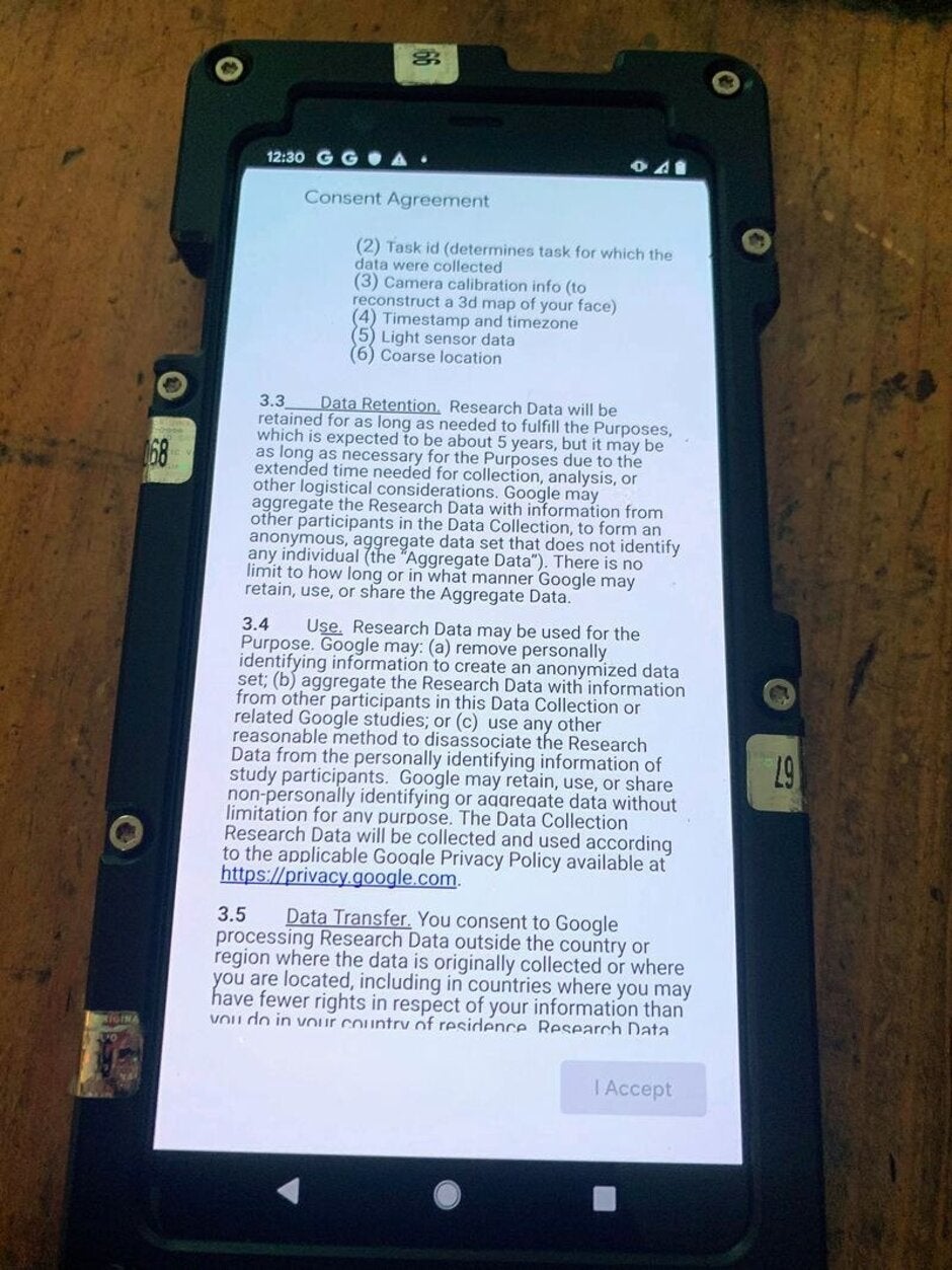 The agreement that subjects needed to sign to receive their $5 card - Google's temps told to find homeless and people with darker skin for Face unlock data
