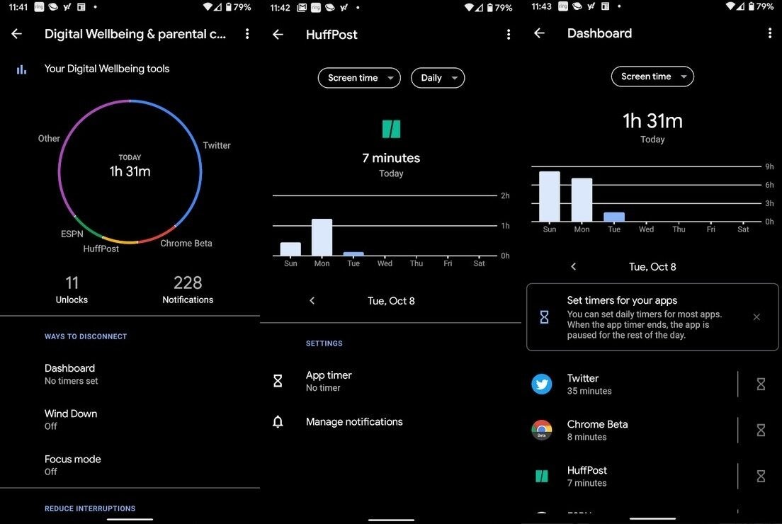 Screenshots from the Digital Wellbeing app - Google now requires all Android manufacturers to include Digital Wellbeing and parental controls