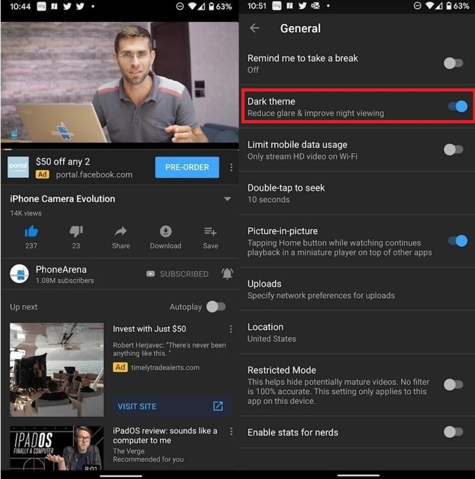 The single Dark theme toggle seen on Android 10 prior to the server-side update - On Android 10, YouTube&#039;s Dark theme can be tied into the system-wide settings