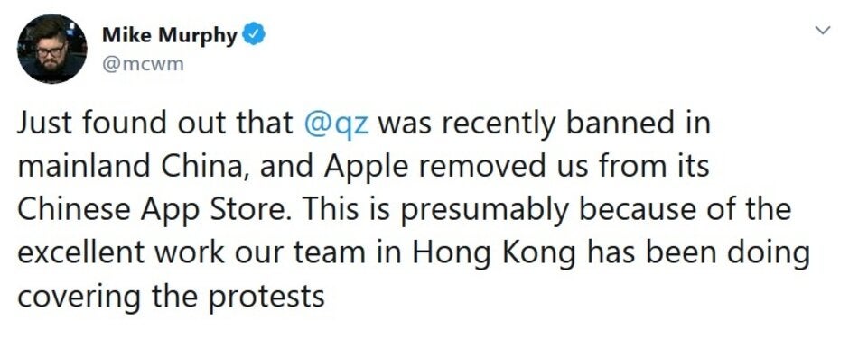 Quartz&#039; Tech editor Mike Murphy comments after Apple pulled the app in China - Apple reportedly warns developers creating shows for TV+ not to tick off China