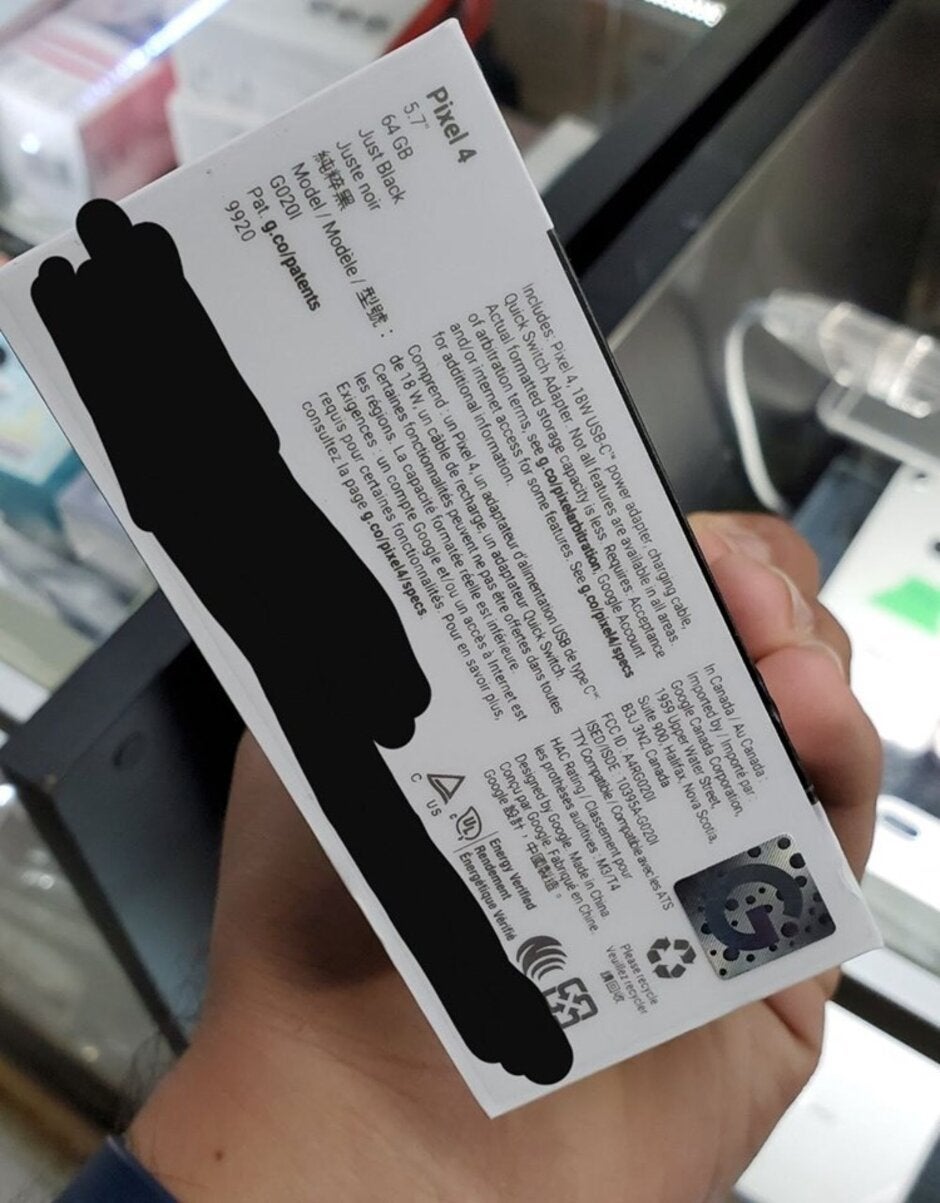 The side of the Pixel 4 box tells us what is inside it - This is the retail box for the Google Pixel 4