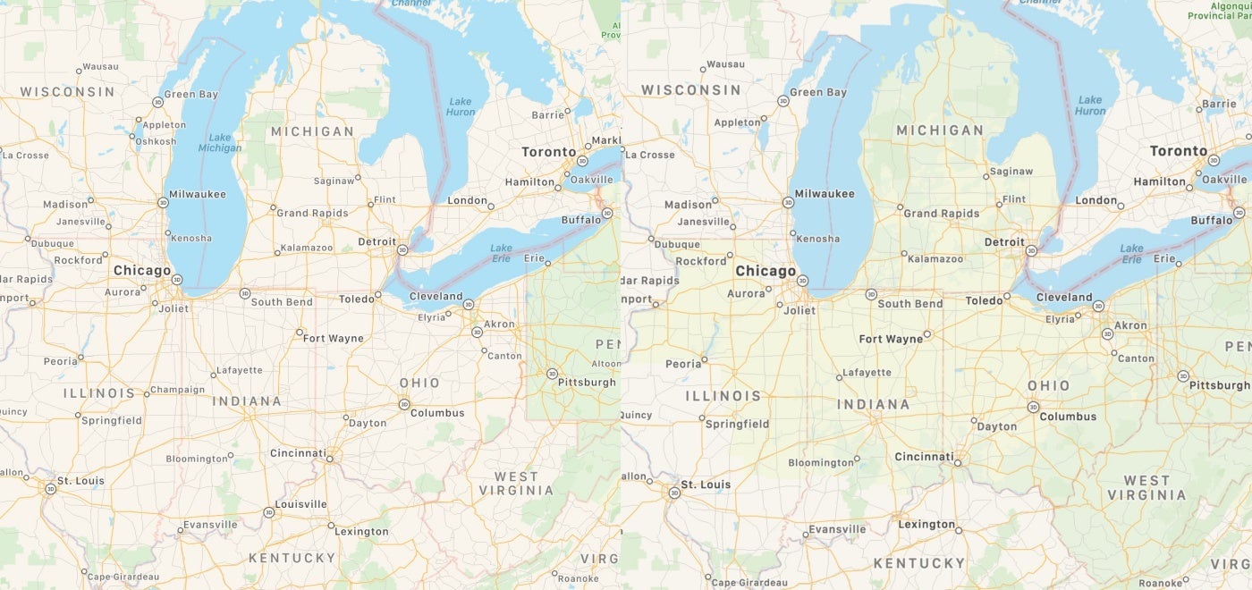 Old Apple Maps (left) vs new Apple Maps design (right) - New and vastly improved Apple Maps version starts spreading to the American Midwest