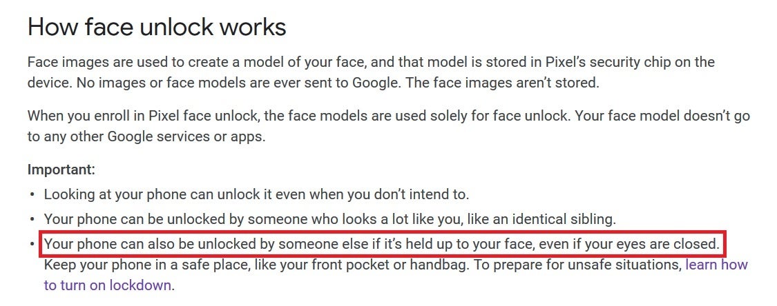 Google&#039;s support page reveals the big Face unlock security issue - Google&#039;s Face unlock on the Pixel 4 series has a major security flaw