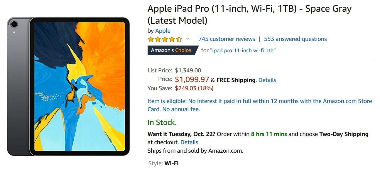 Save 18% on the 1TB Wi-Fi only version of the 11-inch Apple iPad Pro - Check out Amazon's deal on the latest Apple iPad Pro with 1TB of storage