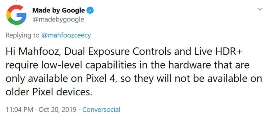 Google passes along the bad news; only Pixel 4 gets Live HDR+ and Dual Exposure Controls - Two key Pixel 4 camera features will not be coming to older Pixel models
