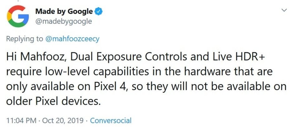 Google passes along the bad news; only Pixel 4 gets Live HDR+ and Dual Exposure Controls - Older Pixel phones will never get these Pixel 4 camera features