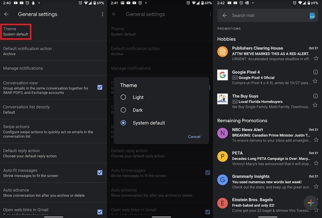 The Android version of Gmail gets Dark mode at last - Dark mode for Gmail finally arrives on Android 10