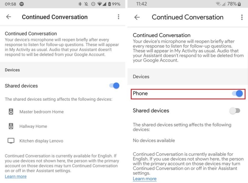 At left, you'll find the old menu and at right, the updated one - Google Assistant's Continued Conversation is coming to Pixel handsets