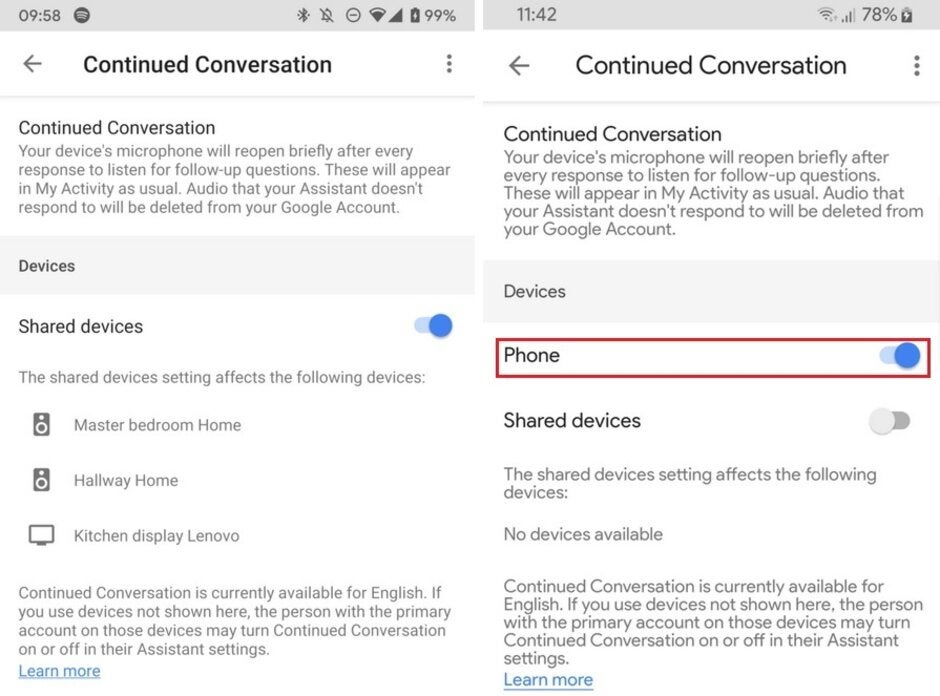 At left, you&#039;ll find the old menu and at right, the updated one - Google Assistant&#039;s Continued Conversation is coming to Pixel handsets