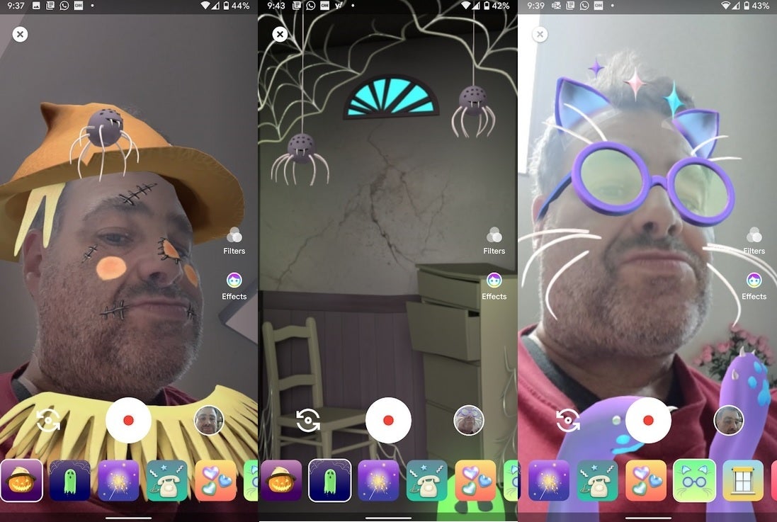 The special effects for Halloween, and one traditional effect, available on the Google Duo app - Google adds three holiday based special effects to its Duo video chat app