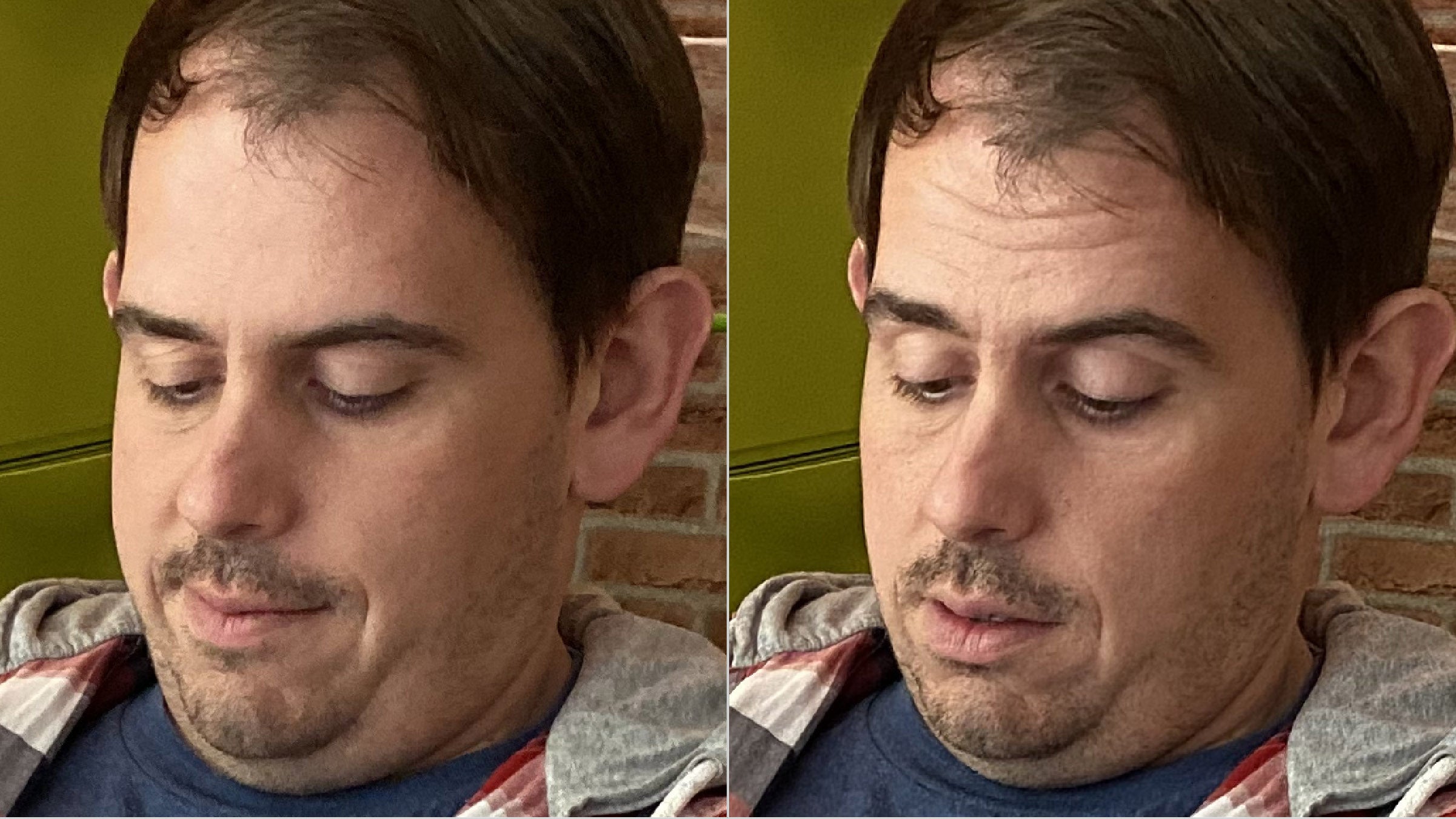Regular photo on the left, Deep Fusion on the right (150% crop) - Deep Fusion demo: before and after
