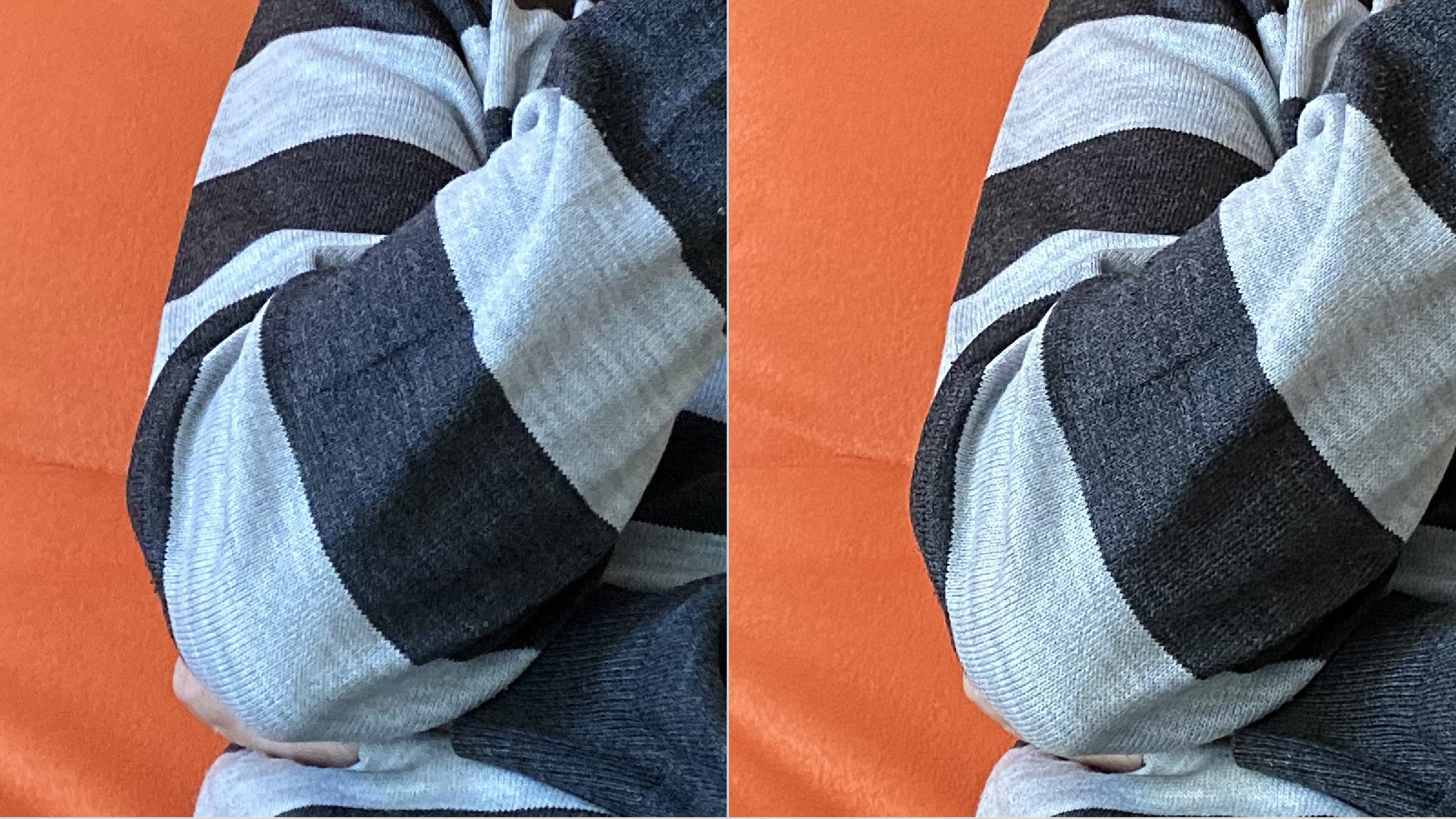 Regular photo on the left, Deep Fusion on the right (150% crop) - Deep Fusion demo: before and after