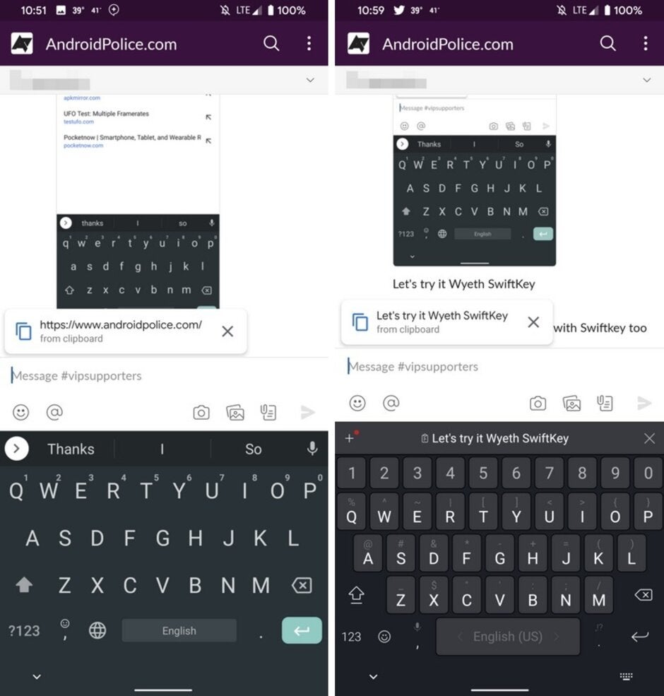 On the left is a link pasting suggesting using Gboard, at right is a text pasting suggestion using SwiftKey - Google tests pop-up box that suggests you paste what has been saved to the clipboard