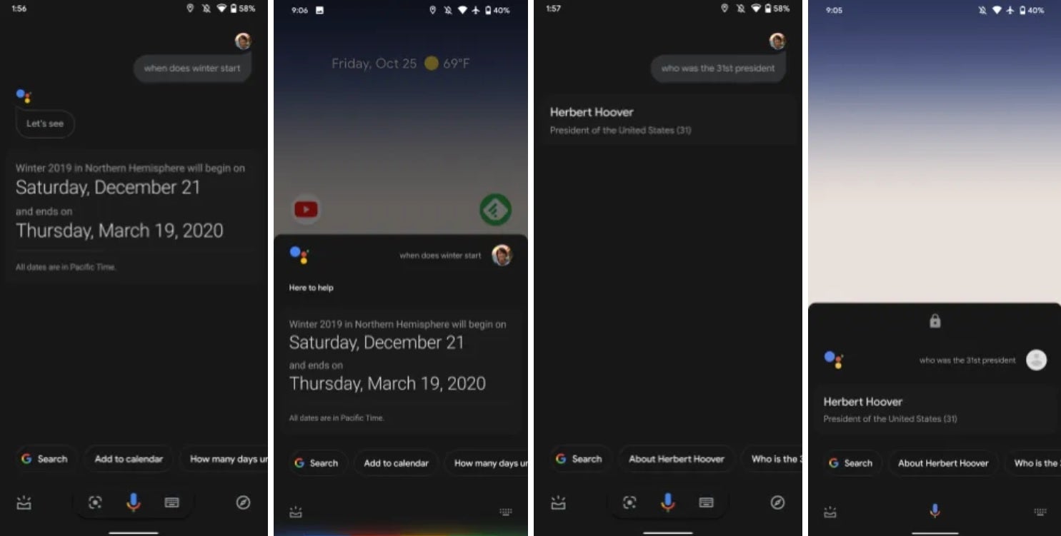 Comparing the older full-screen responses with the newer, shorter ones - Google starts testing less obtrusive Assistant UI on Pixel 3 units