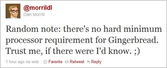 The tweet that launched a smile on the faces of Motorola DROID owners - Android 2.3 requires no minimum processor speed, Motorola DROID owners smile