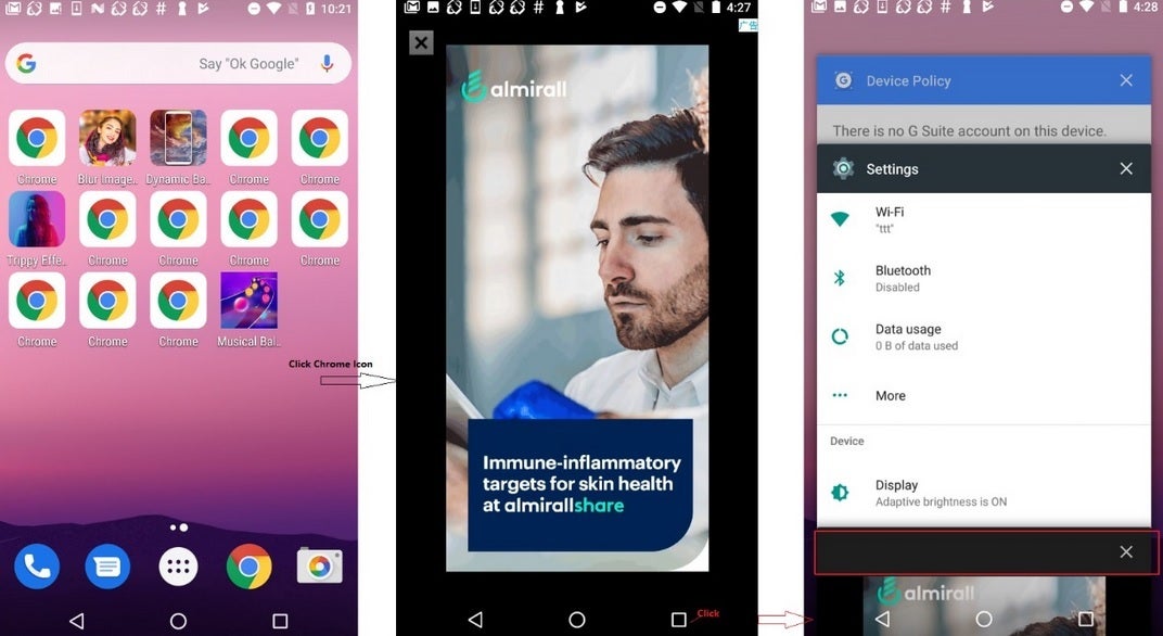 Multiple fake icon shortcuts on the home screen, a full-page fake ad, and a fake Recent Screen section - Malicious Android apps downloaded 3 million times pretend to be the Chrome browser when installed