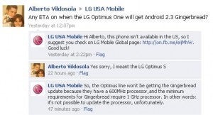 The incorrect information from the LG Facebook site that kicked off the worrying - Android 2.3 requires no minimum processor speed, Motorola DROID owners smile