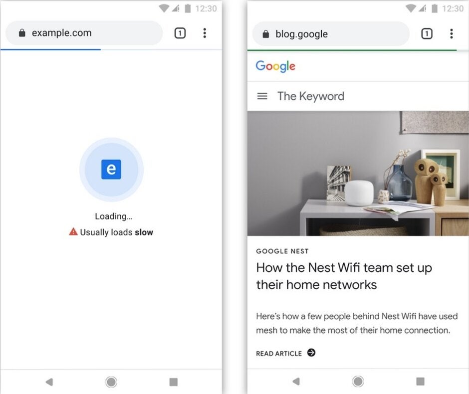 Badge denoting a slower loading website at left, a green progress bar rewarding a fast loading site on the right - Google Chrome might "speed-shame" slow loading websites by posting a warning