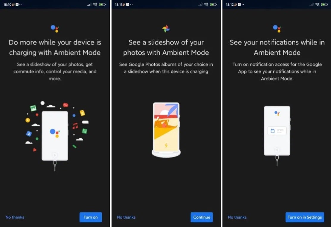 When Google Assistant Ambient Mode is available on your phone, you should see these screens that include a prompt to turn on the feature; image credit 9to5 Google - Google widens rollout of feature that turns your Android phone into a smart display