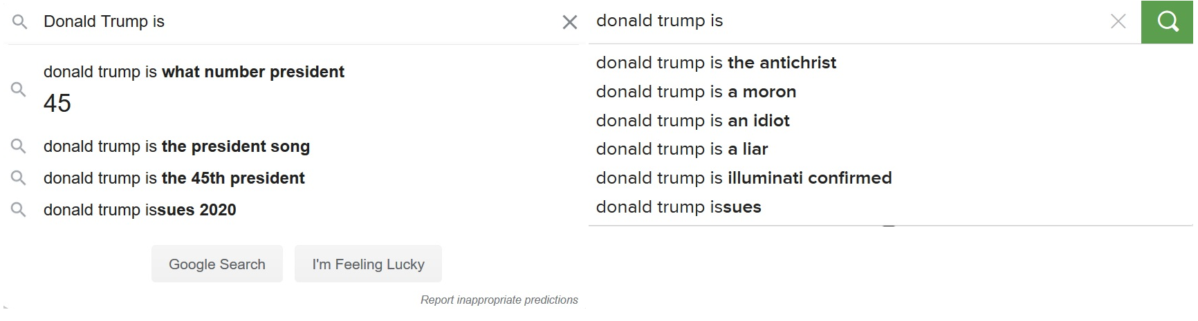 At left, auto-complete results from Google. At right, auto-complete results from DuckDuckGo - Report shows some of the ways that Google manipulates search results