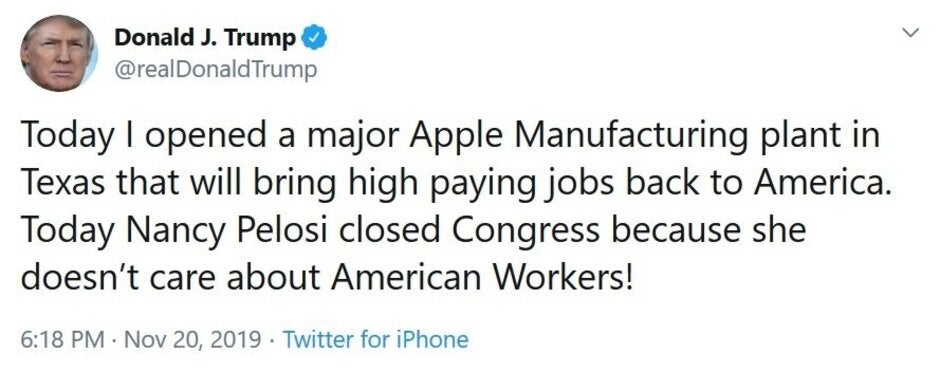There is not one shred of truth in this tweet - Trump takes credit for Apple's new Texas factory, but not a word of his tweet is true