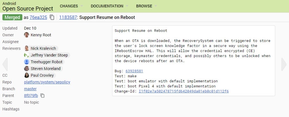 Resume on Reboot appears on the Android Gerrit - Google working to improve OTA updates on some Android phones