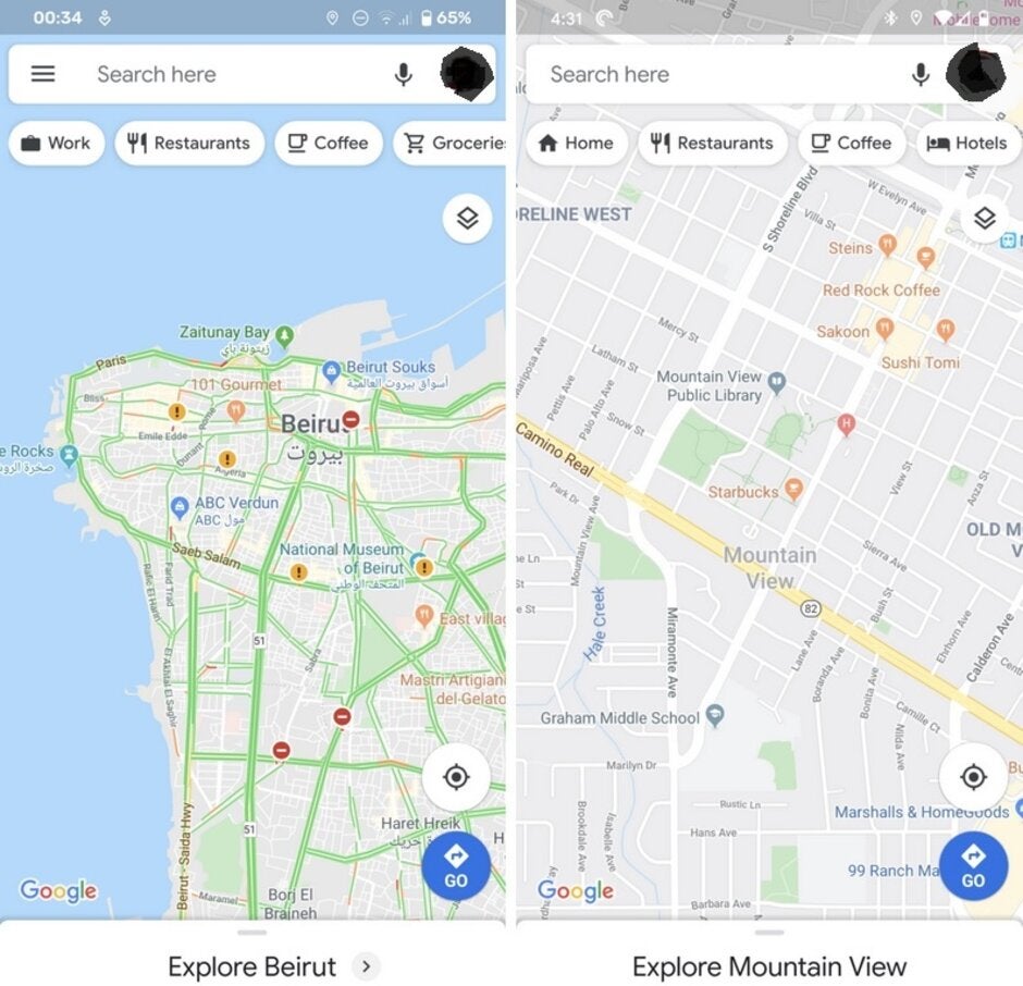 The old UI at left, the new UI at right; credit Android Police - Update to Google Maps solves issue with gesture navigation