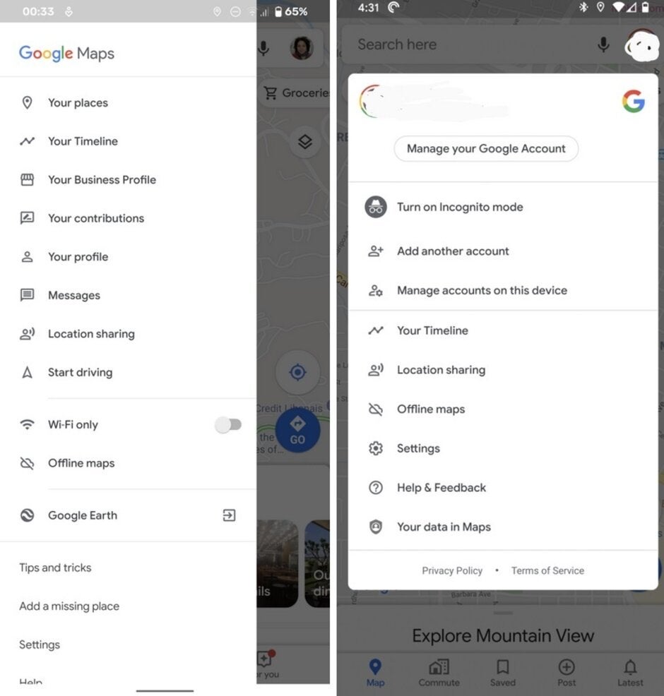 The side menu (L) is now replaced by the box (R) that appears when a user's avatar is tapped; credit Android Police - Update to Google Maps solves issue with gesture navigation