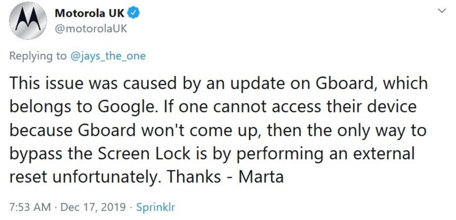 Motorola U.K. throws Google under a bus and suggests that users affected might need to factory reset their phone - Some Android users are locked out of their phones after Gboard crashes