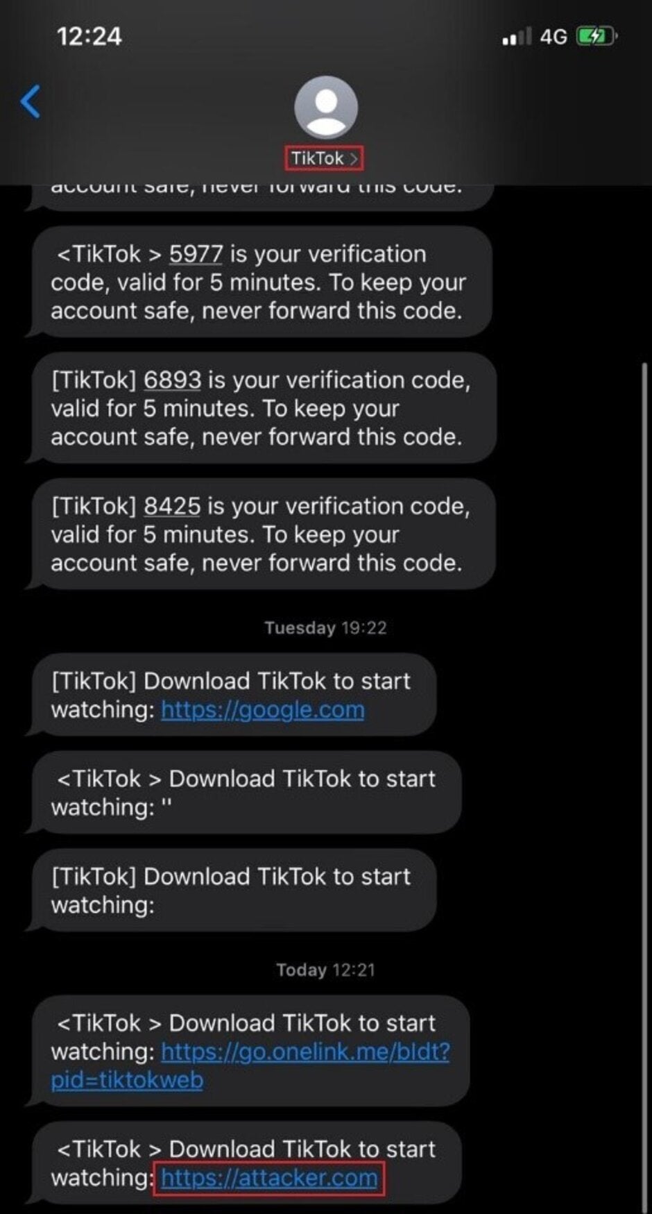 This spoofed SMS appears to come from TikTok but does not; it contains a malicious link - Serious security issues found in a very popular iOS/Android app