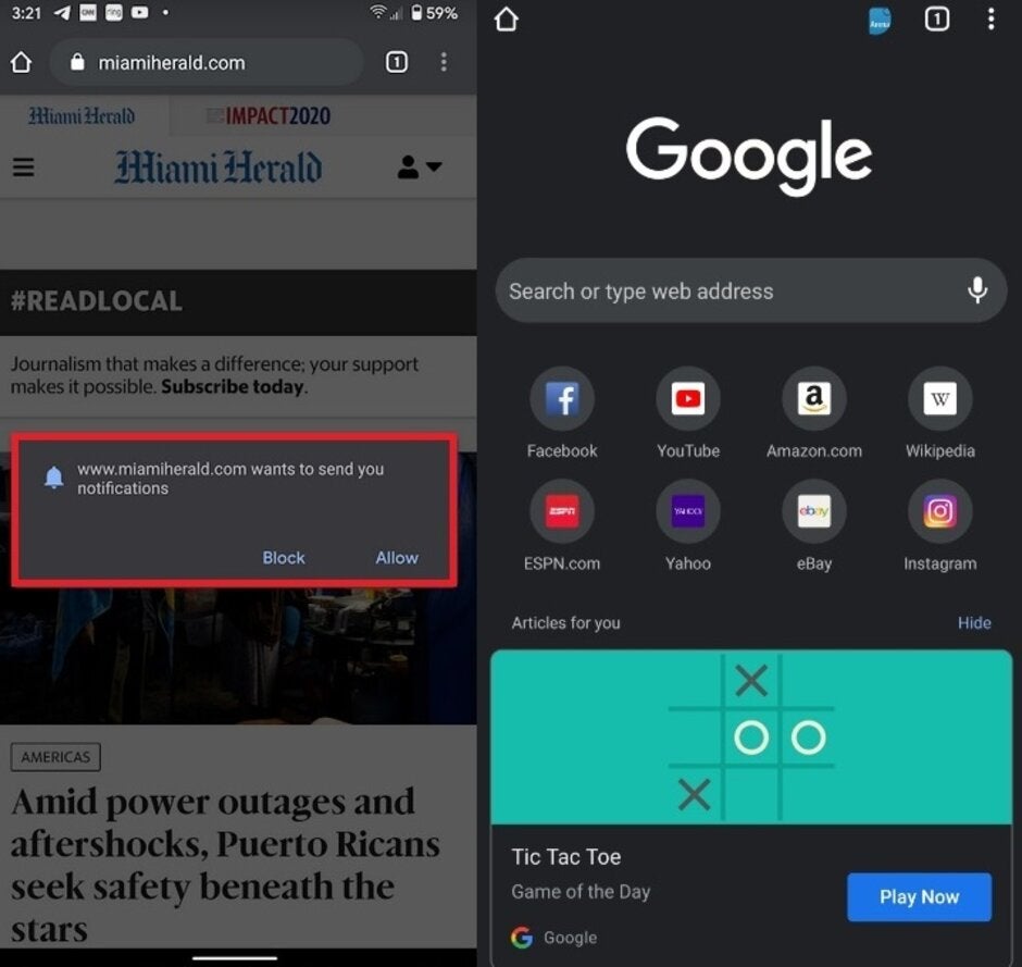 Typical notification permission at left, Chrome Game of the Day at right - Update to Chrome will lead to fewer annoying notifications for Android users