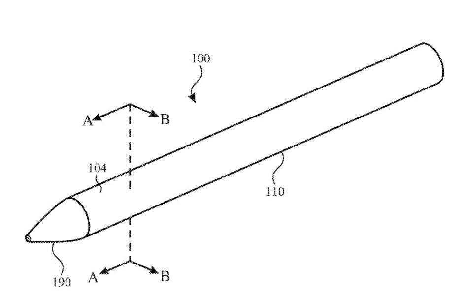 Illustration of the Apple Pencil from Apple&#039;s new patent application - Patent for Apple Pencil includes an embedded camera, biometric sensor, mic, and gesture controls