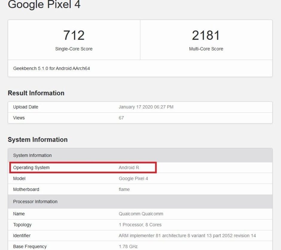 Android R surfaces on a Geekbench benchmark test - &quot;R&quot; you ready? Pixel 4 running the next Android developer preview is spotted