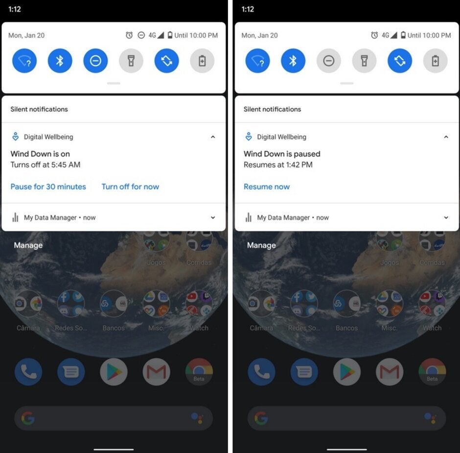 Wind Down can now be paused (at left) and it will resume automatically after 30 minutes - Google adds pause button to Digital Wellbeing's Wind Down feature