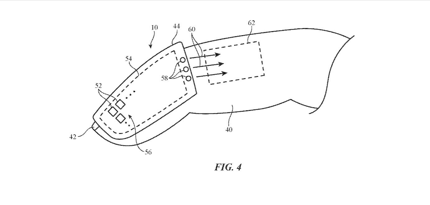 From the patent application, this illustration shows that the finger-worn device will be the size of a fingernail - This could be how you'll move virtual objects on Apple Glasses